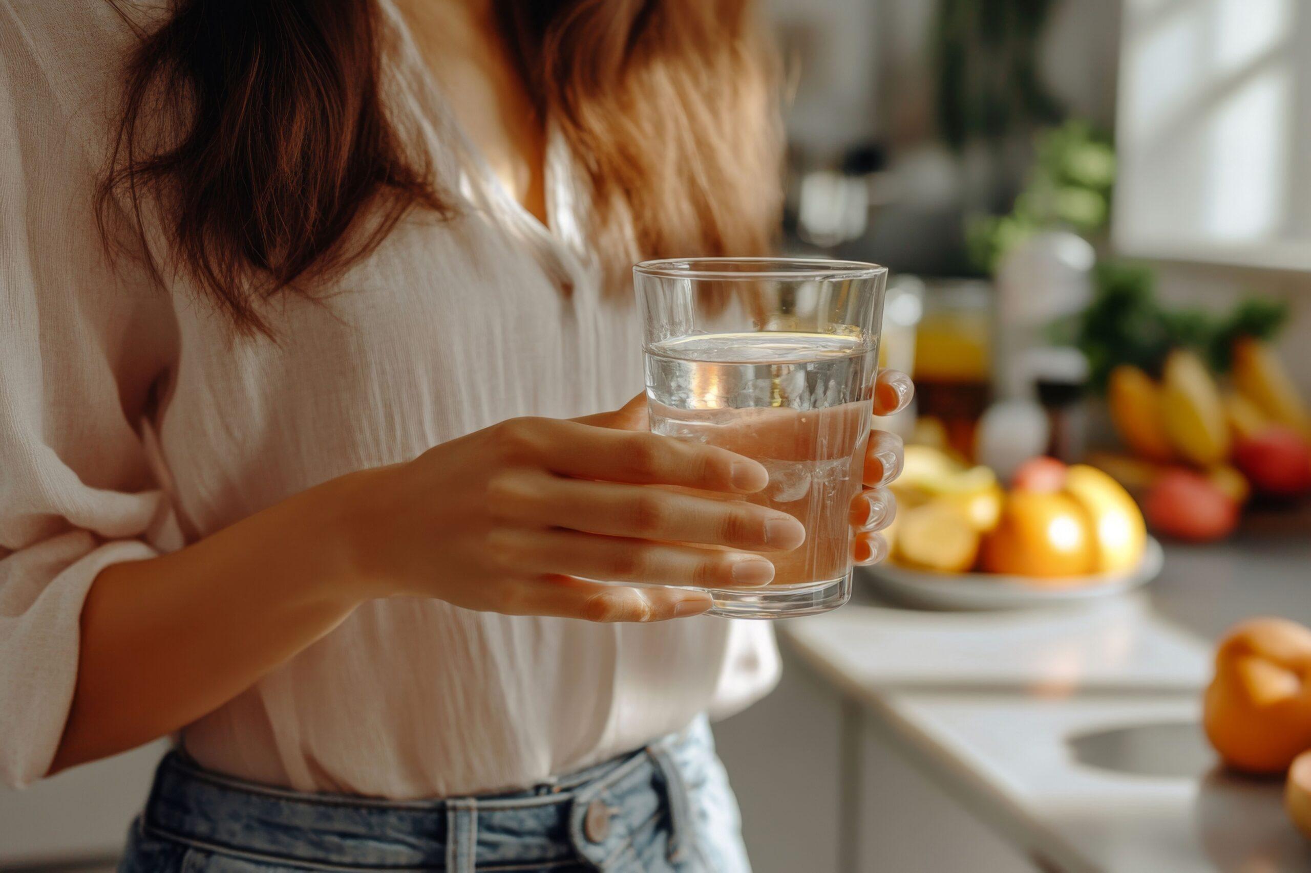 Frau hält ein Glas gefiltertes Trinkwasser in einer sonnigen Küche